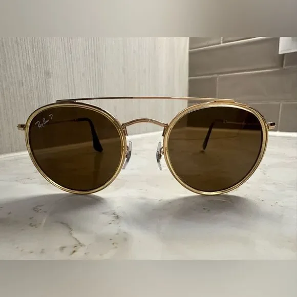 Ray-Ban Gold and Brown Round Double Bridge Polarized Sunglasses - Picture 2 of 11